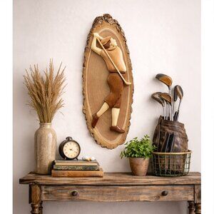 Vintage Intarsia Wood Golfer Wall Art - 22” Long -Mid Century Rustic Cabin Decor